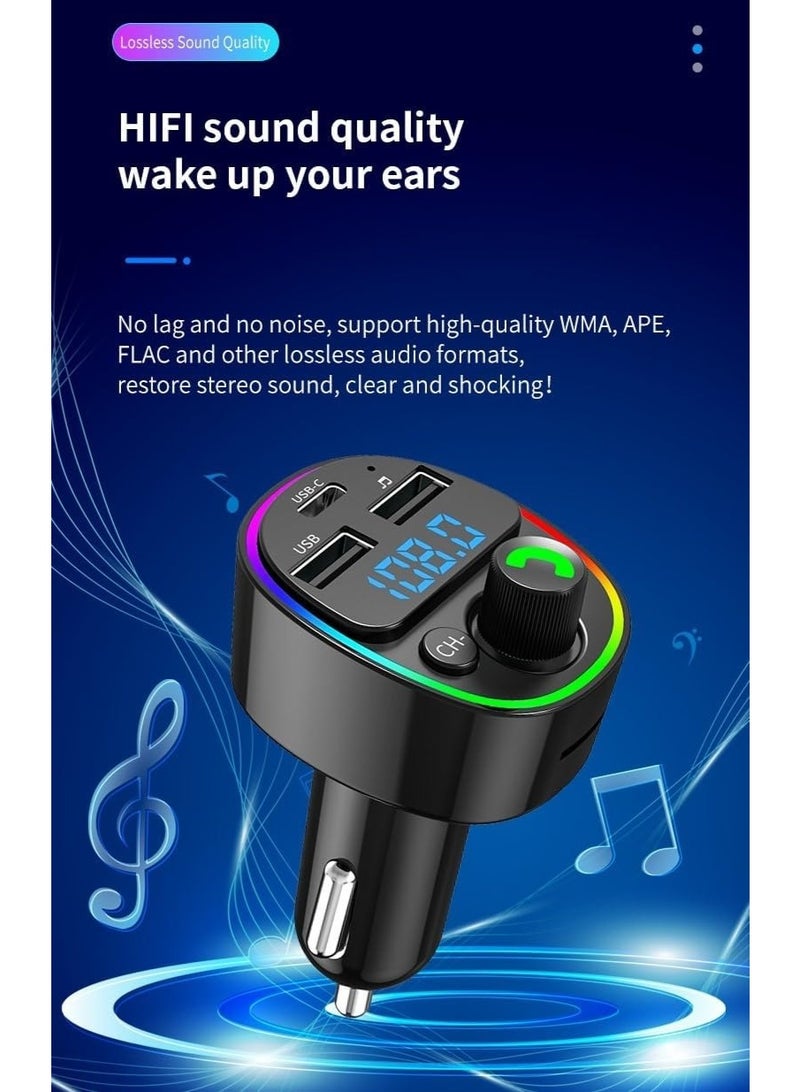 جهاز إرسال FM لاسلكي للسيارة بتقنية البلوتوث ومشغل MP3 - كابل شحن سريع 3 في 1 (Type-C، Micro، Lightning) - طقم مكالمات بدون استخدام اليدين للسيارة مع أضواء LED ملونة RGB وشاشة LED - منفذي USB مزدوجين (أسود) - Image 3